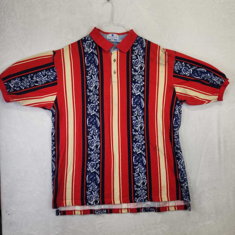 English Sports Shop Bermuda Mens‎ XL Polo Shirt Floral Stripe Red Navy Blue C